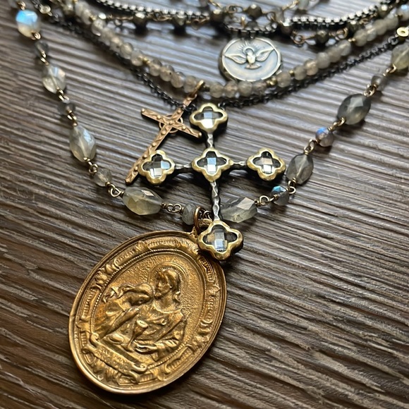 Sold💎cross chain layered necklace labradorite gold silver gunmetal coin pendent - Picture 6 of 15